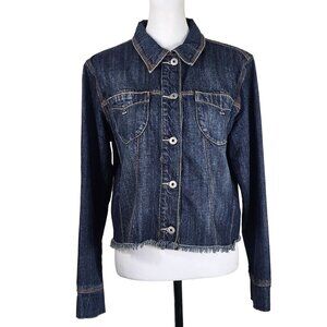 Vintage Ethyl Distressed Denim Jacket L Dark Wash Frayed Hem Casual Punk Grunge